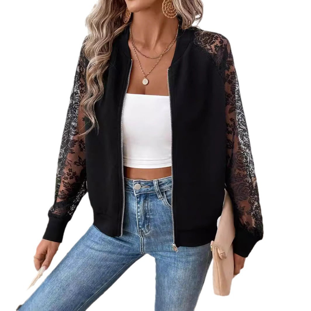 Women's lightweight bomber jacket with floral lace sleeves and zipper Mune Fashion