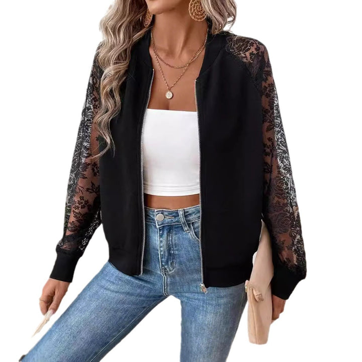 Women's lightweight bomber jacket with floral lace sleeves and zipper Mune Fashion