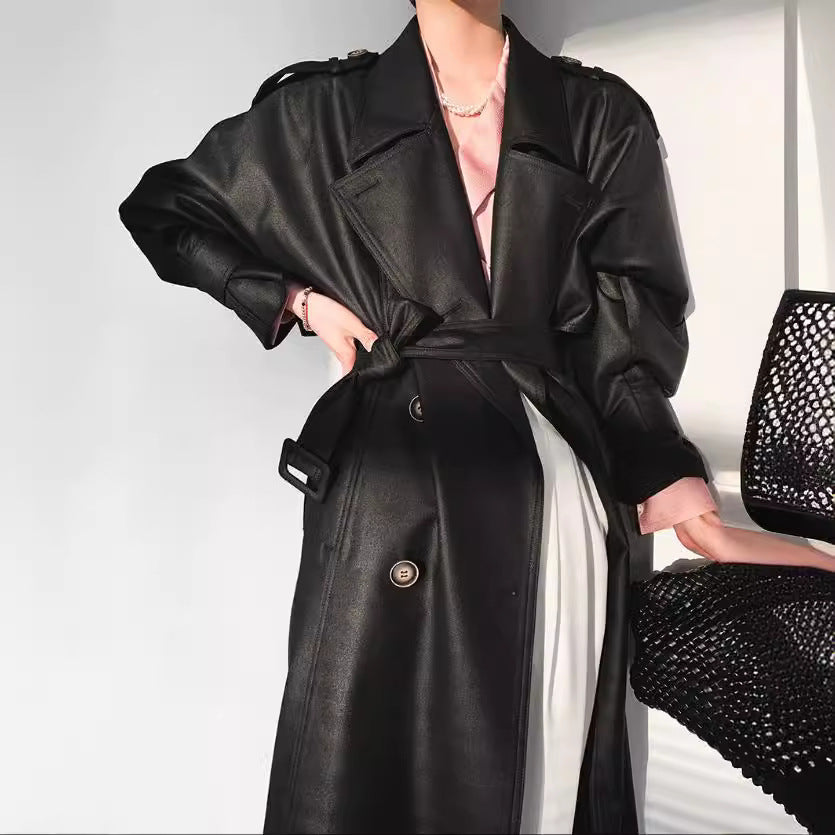 Women Fashionable Faux Leather Trench Coat Mune Fashion