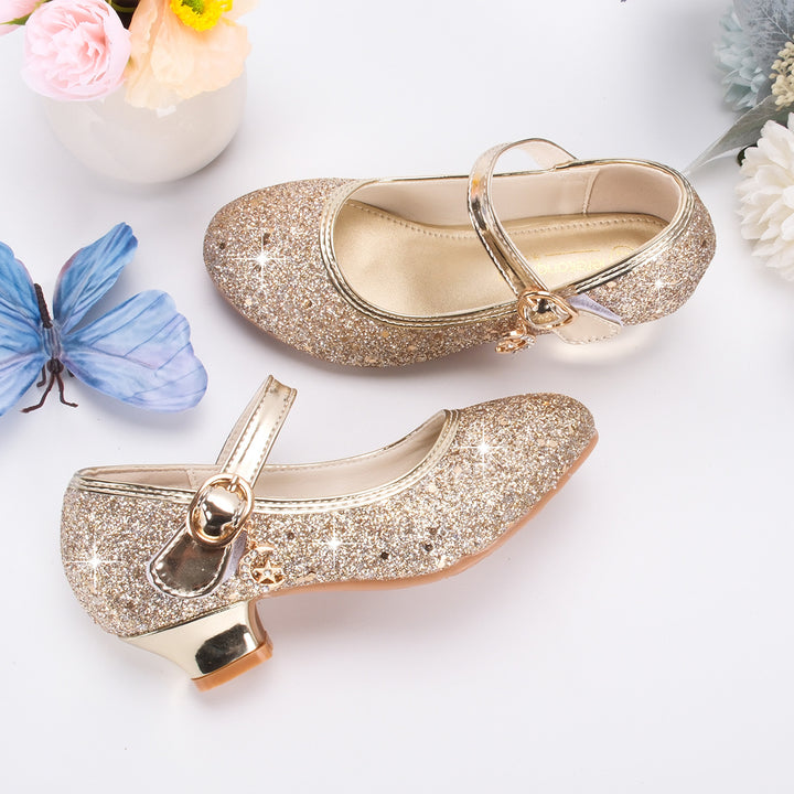 Girls Glittering Mary Jane Shoes with Decorative Buckle Mune Fashion