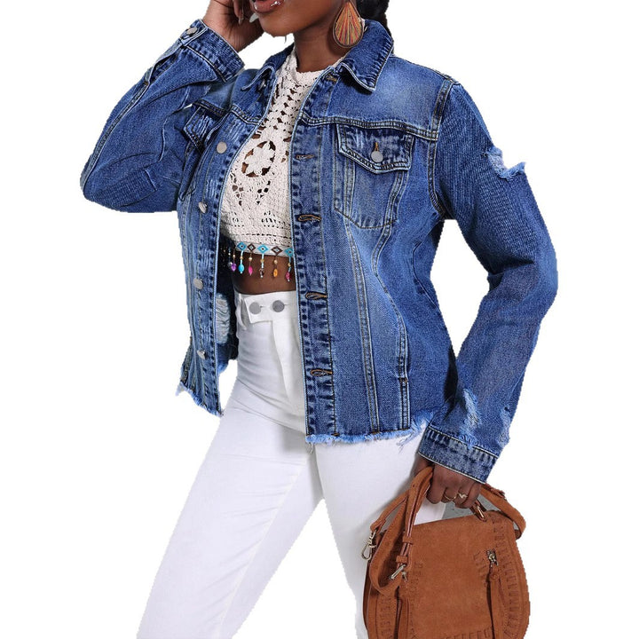 Women's Casual Denim Jacket with Distressed Details, Patch Chest Pockets and Frayed Hem Mune Fashion