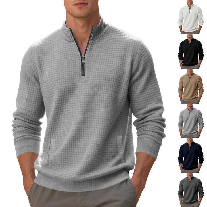 Men's waffle knit half-zip pullover with stand-up collar, kangaroo pocket & ribbed finishes Mune Fashion