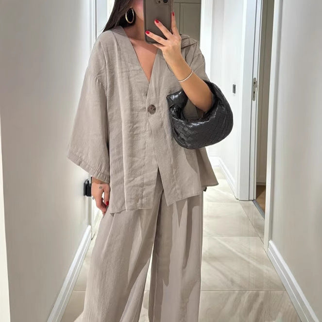Women nan loose linen look two-piece with kimono blazer and wide palazzo pants Mune Fashion