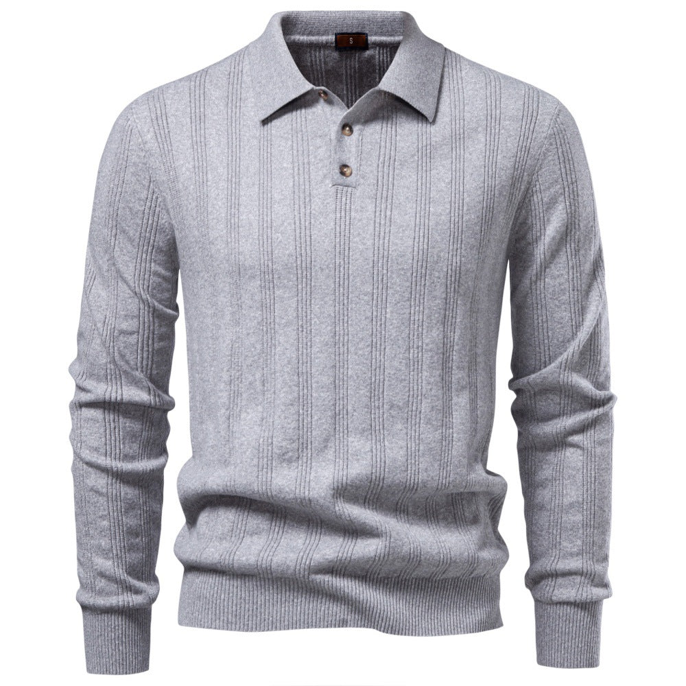 Men's Long Sleeve Fine Knit Polo Shirt with Textured Stripes and Ribbed Hem Mune Fashion