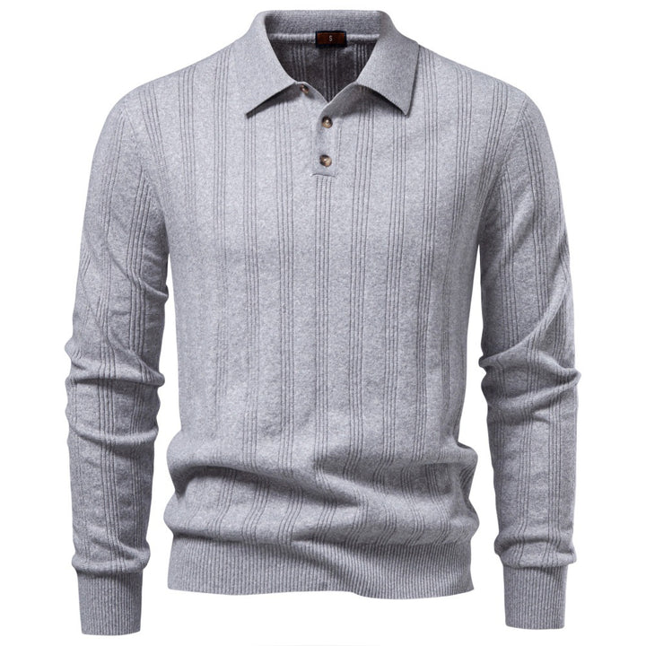 Men's Long Sleeve Fine Knit Polo Shirt with Textured Stripes and Ribbed Hem Mune Fashion