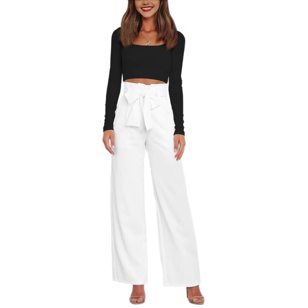 Women's Wide High-Waist Paperbag Pants with Pleats and Tie Belt Drune