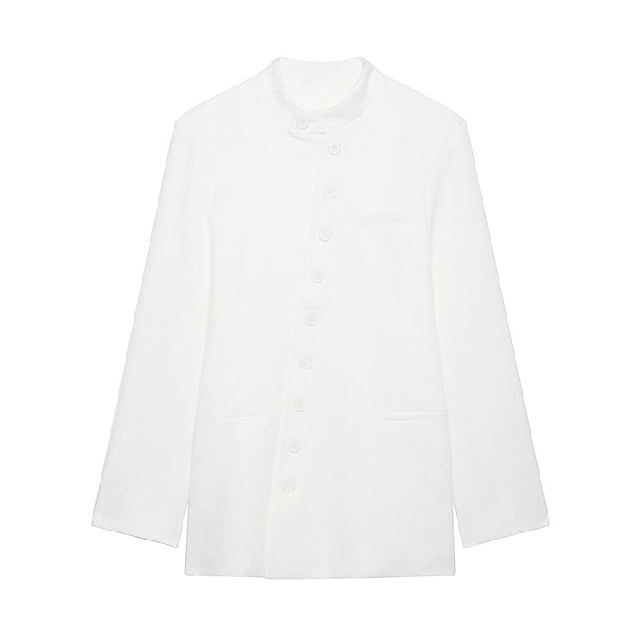 Women's Mandarin Collar Long Blazer with Button Placket and Patch Pockets Mune Fashion