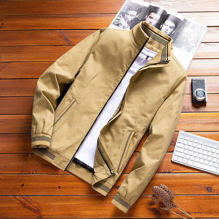 Men's lightweight canvas bomber with striped ribbed cuffs, stand-up collar and zippered pockets Mune Fashion