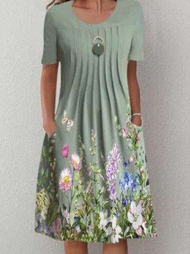 Women Pleated Midi Dress with Short Sleeves, Side Pockets and Floral Hem Mune Fashion