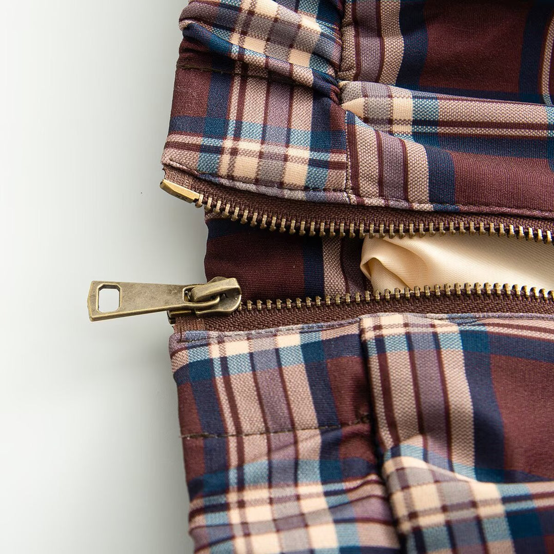 Women's Short-Cut Checked Blouson with Faux Leather Collar, Zipper and Elastic Hem Mune Fashion