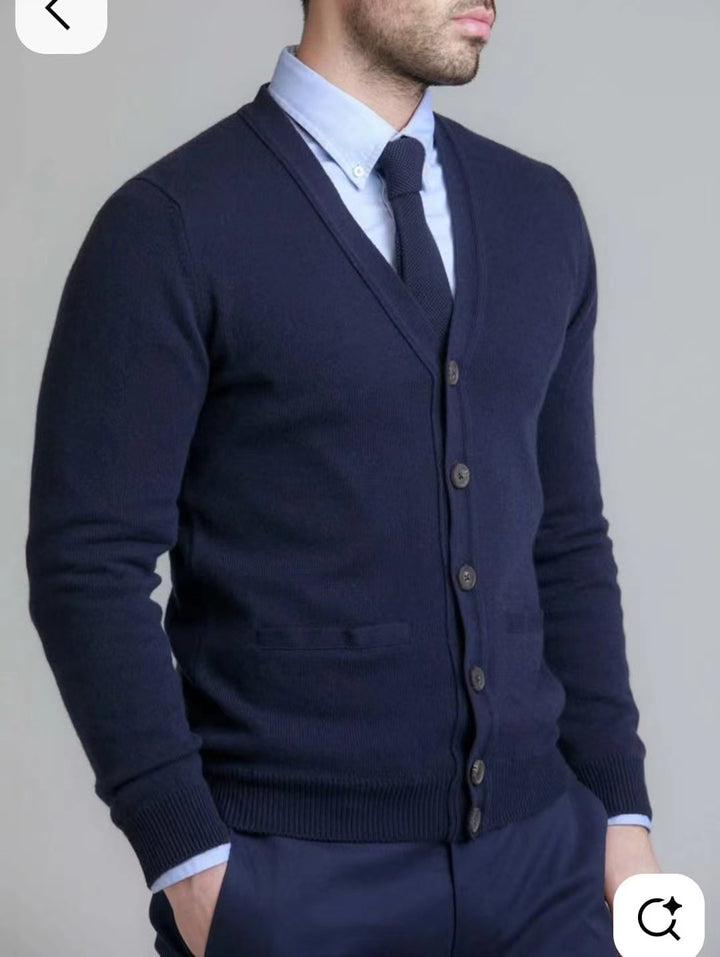 Men's fine knit V-neck cardigan with button placket and side pockets Mune Fashion