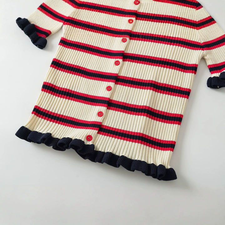 Women's Ribbed Short Sleeve Cardigan with Polo Collar, Button Placket, and Ruffle Edges Mune Fashion