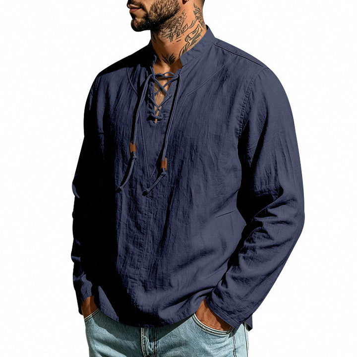 Men's linen shirt with stand-up collar and lacing Mune Fashion