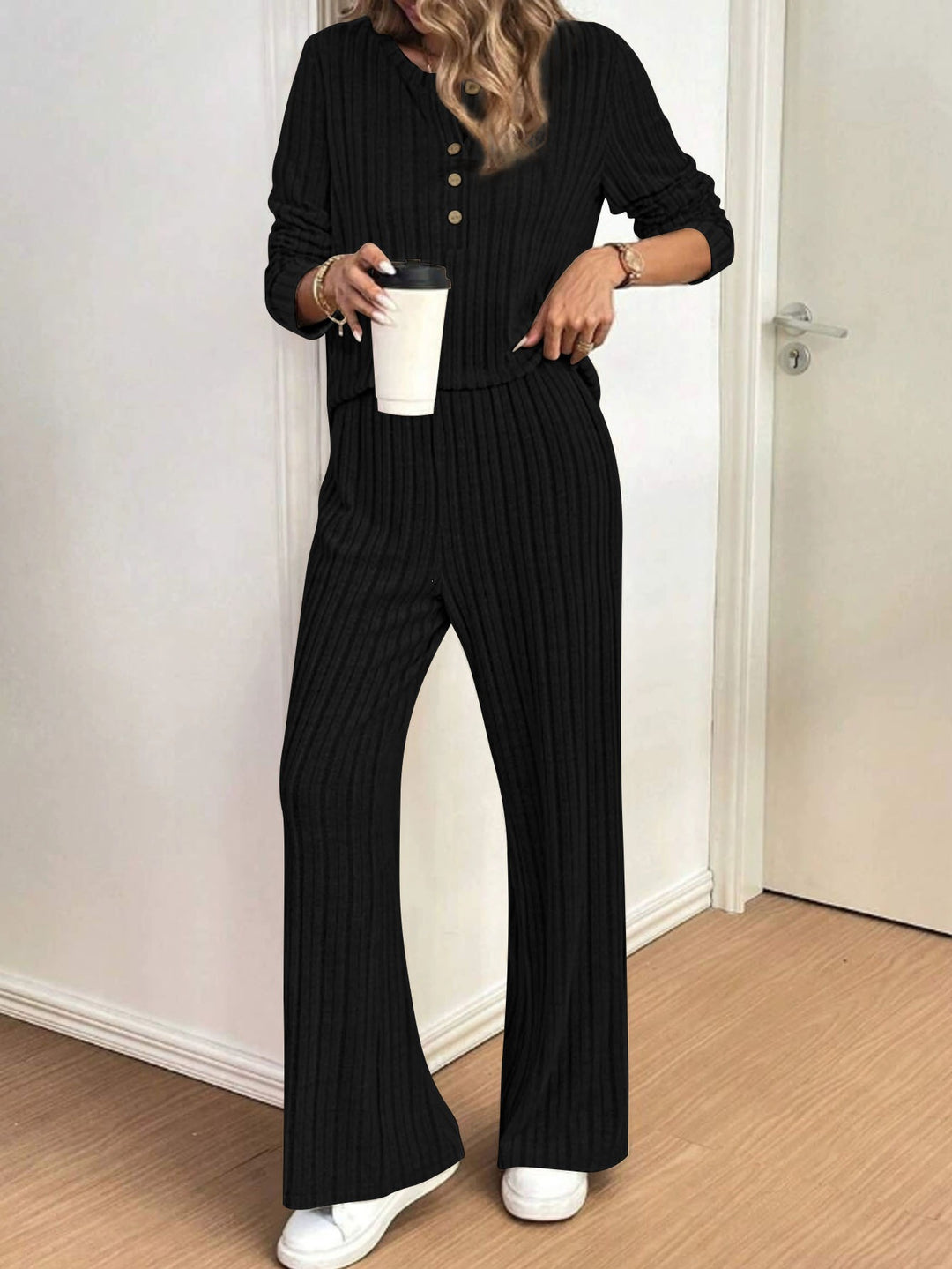 Women's Ribbed Comfort Two-Piece with Henley Top and Wide Palazzo Knit Pants Mune Fashion