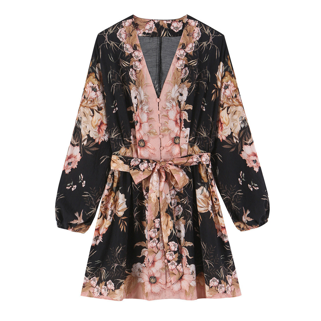 Women's short dress in kimono style with waist belt and V-neck Mune Fashion