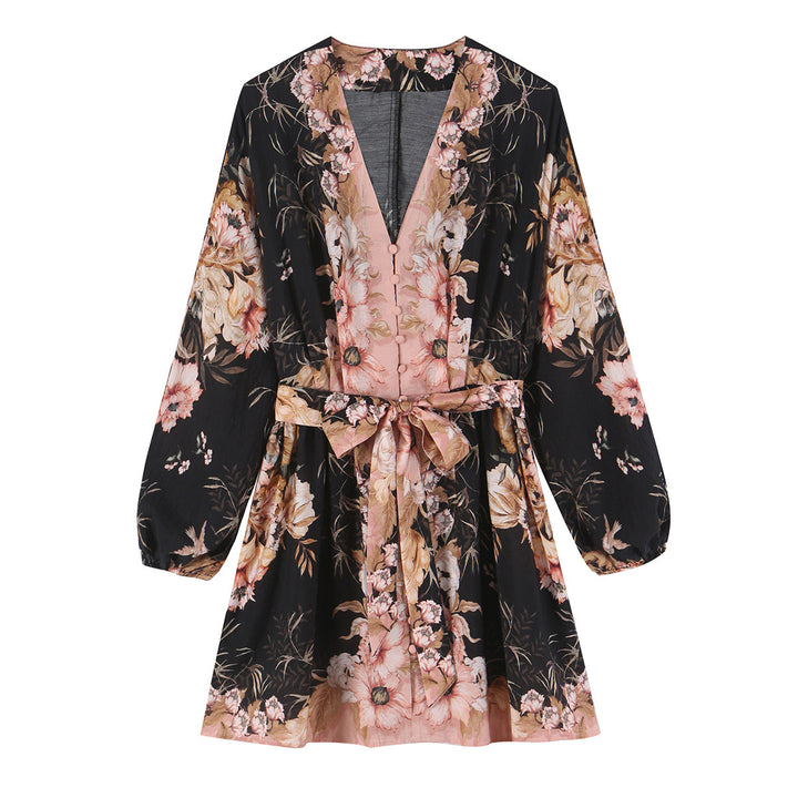Women's short dress in kimono style with waist belt and V-neck Mune Fashion
