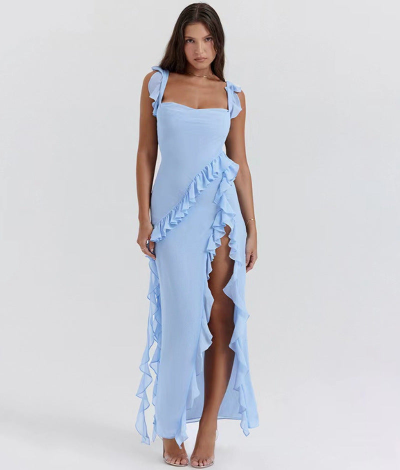 Women long evening dress with square neckline, shoulder ruffle straps, and high leg slits Mune Fashion