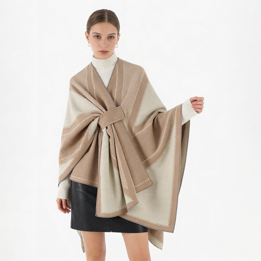 Women Oversize Cape made of Jacquard knit with tie loop Mune Fashion