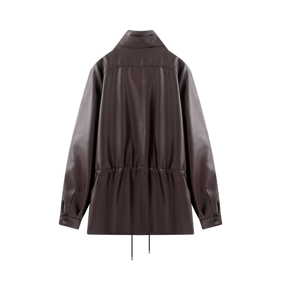 Women Double-breasted Faux Leather Jacket with Stand-up Collar, Wide Lapel and Drawstring Mune Fashion