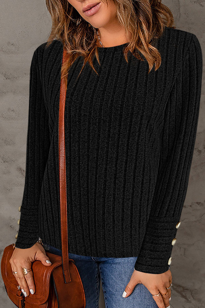 Ladies Ribbed Fine Knit Sweater with Round Neckline and Decorative Button Cuffs Mune Fashion