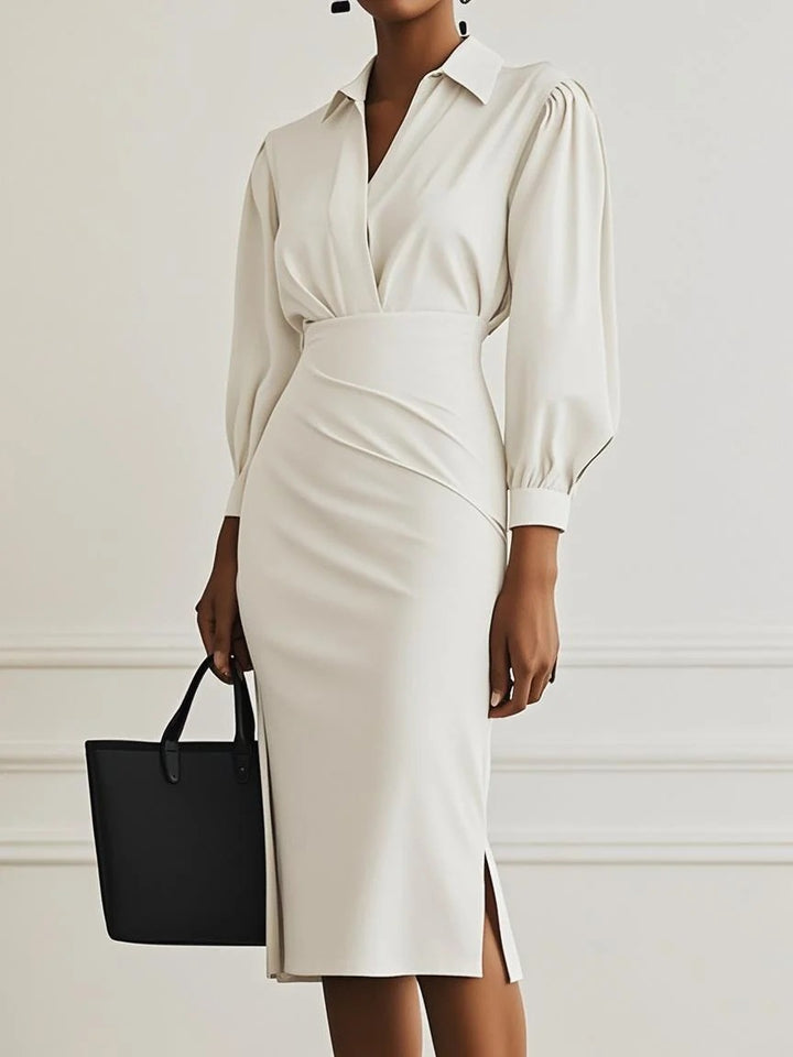 Women's Shirt Blouse Dress with V-Wrap, Puff Sleeves and Tailored Midi Length Mune Fashion