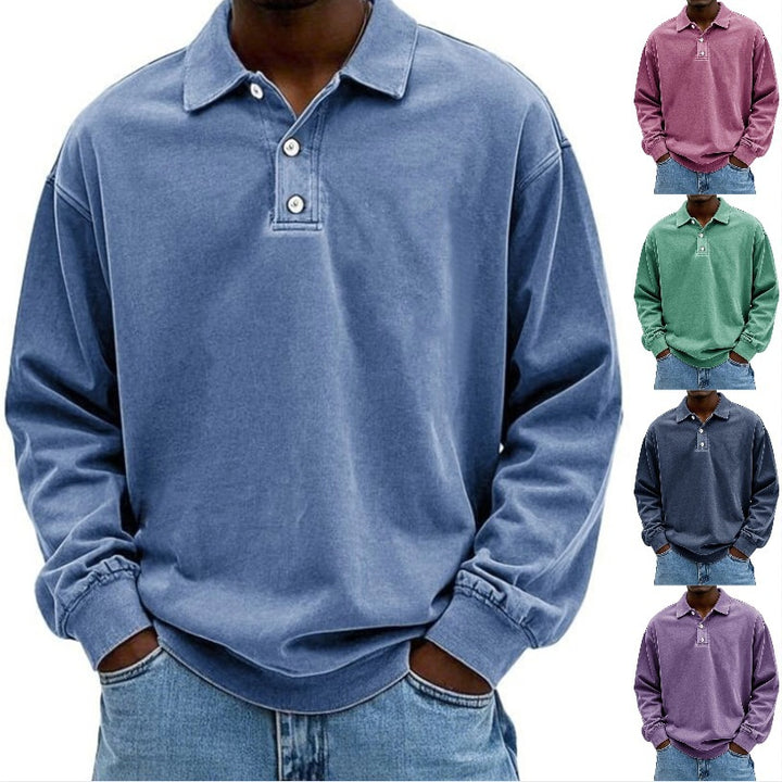 Men's Oversize Denim Look Polo Sweatshirt with Short Button Placket and Elastic Cuffs EB