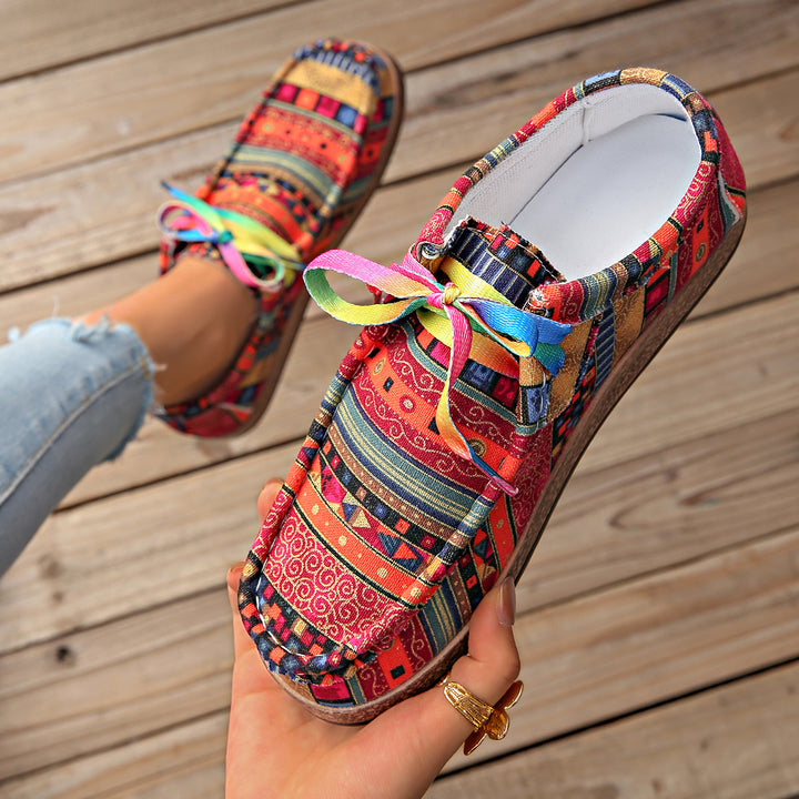 Women Patterned Comfort Moccasins with Wedge Sole and Colorful Band Mune Fashion