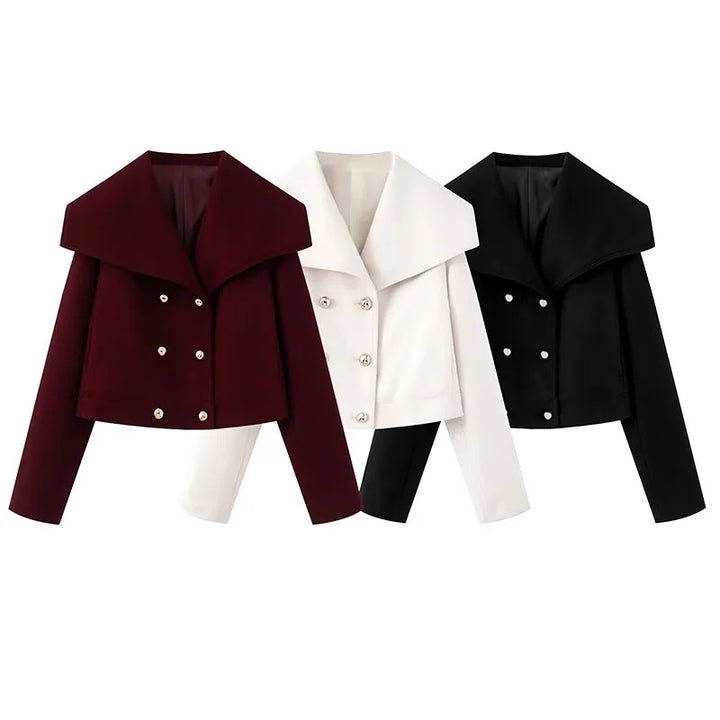 Women nan cropped navy-inspired short coat bomber jacket with oversized shawl collar and decorative double button placket Mune Fashion