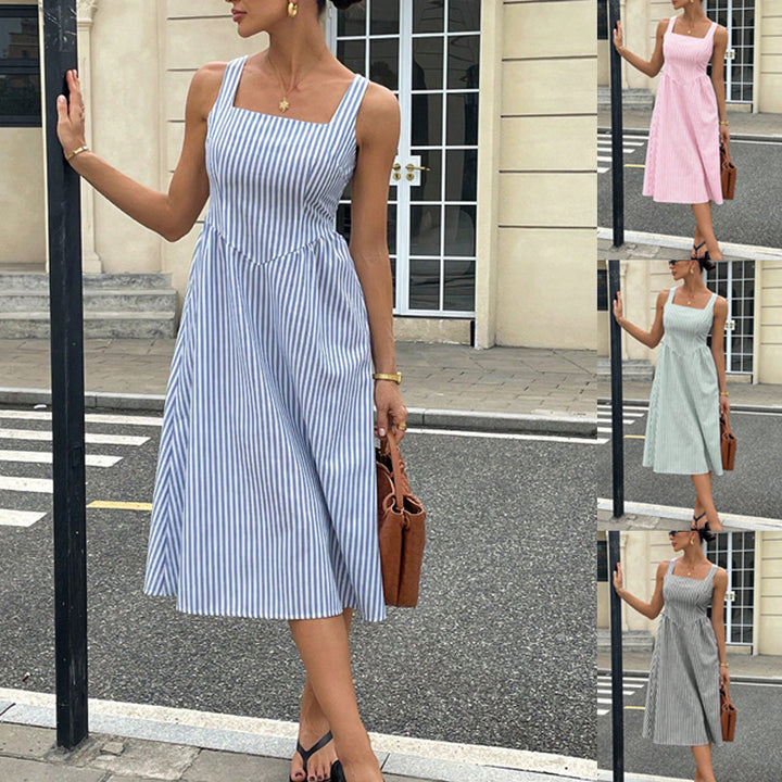 Women’s midi dress with square neckline, wide straps and tailored A-line cut Mune Fashion