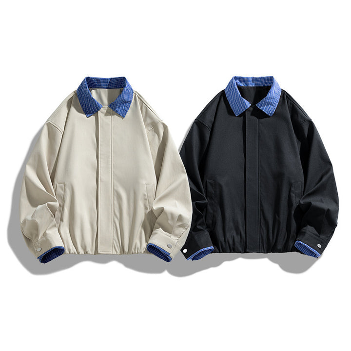 Women's Fashion Blouson Jacket with Check Collar Mune Fashion