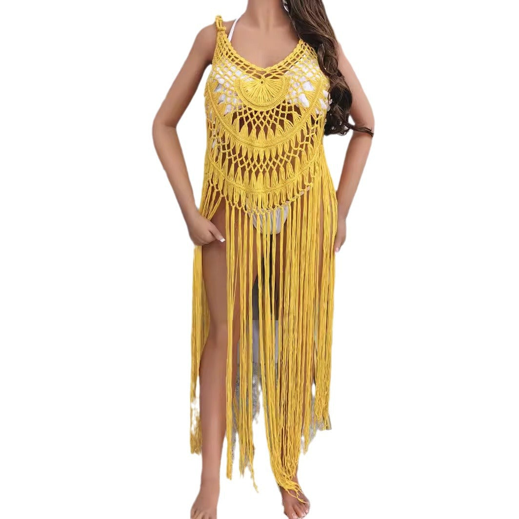Women's Crochet Beach Cover-Up with Fringes and Decorative Pattern Mune Fashion