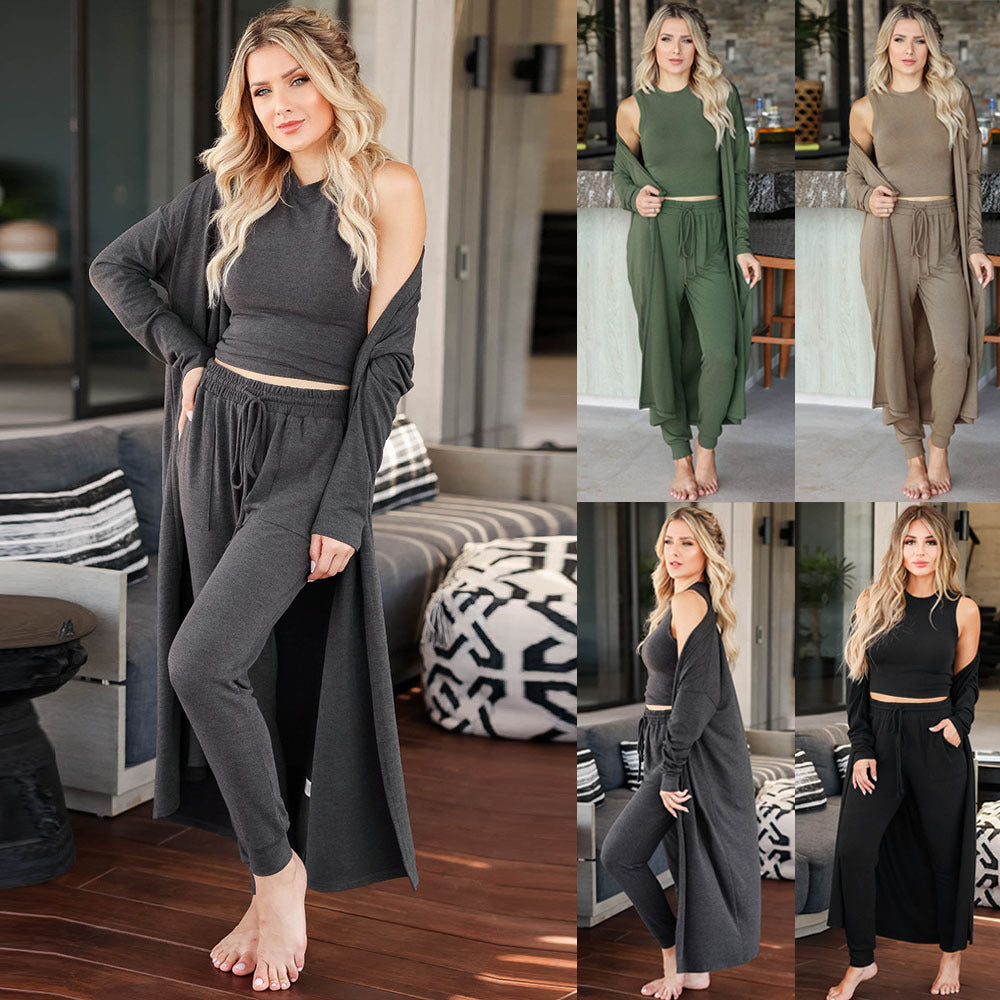 Women's Three-Piece Lounge Set made of soft viscose blend with long cardigan, crop top, and jogger pants Mune Fashion