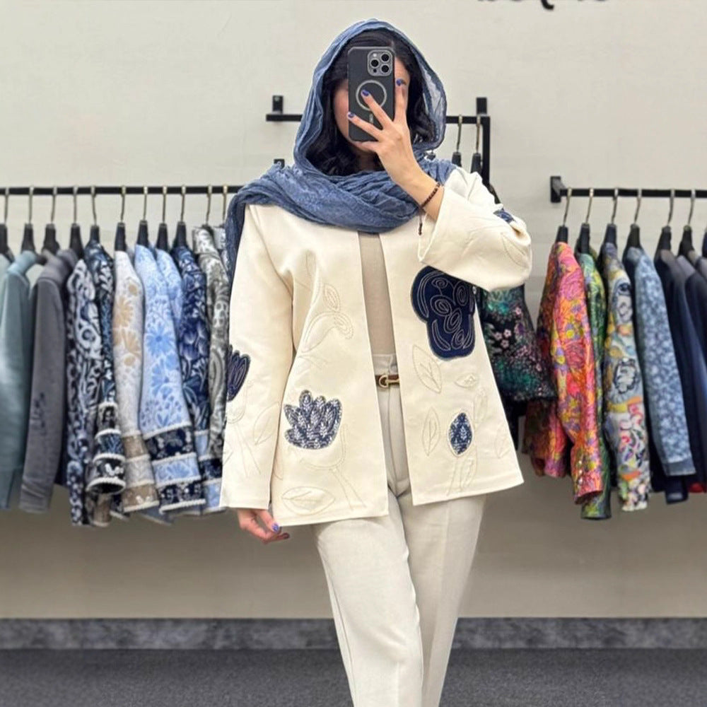 Women open cardigan blazer with floral embroidery & appliqués Mune Fashion