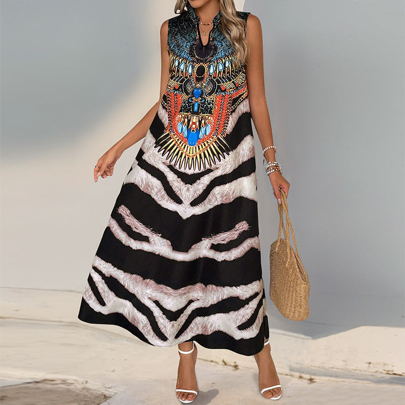 Women's Sleeveless Maxi Dress with Statement Neck Print, Ethnic Motif and Flared A-Line Silhouette Mune Fashion