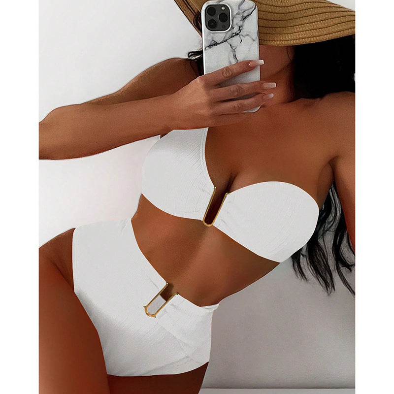 Women's Push-Up Bikini with High-Waisted Bottom and Elegant Gold Accents Mune Fashion