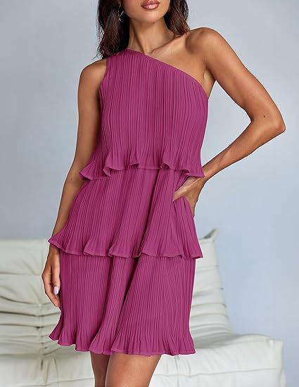 Women's Sleeveless Pleated Tiered Dress with Asymmetrical Shoulder Mune Fashion