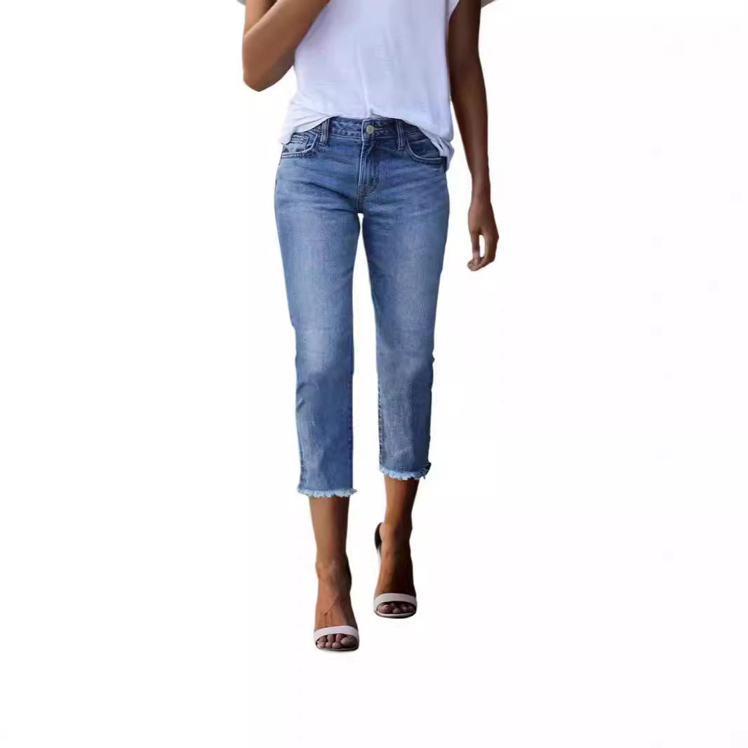 Women’s straight-cut jeans in cropped length with frayed hem Mune Fashion