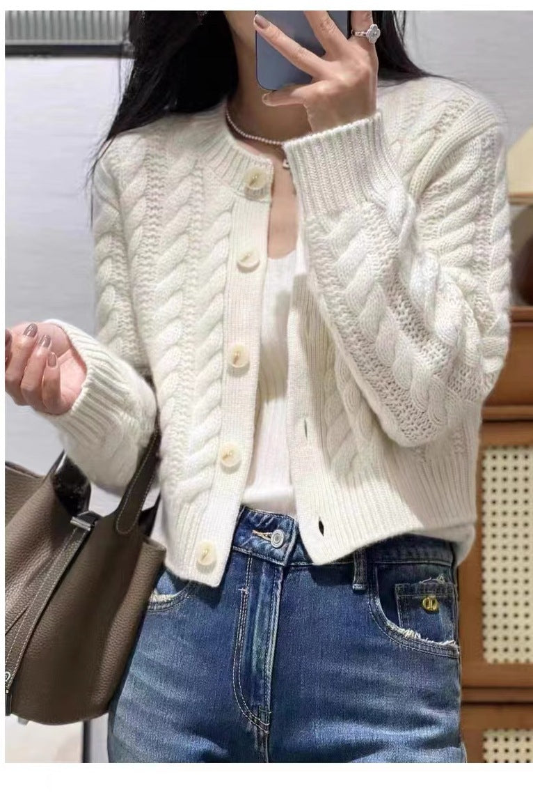 Women Short Braided Knit Cardigan with Wide Rib Hem and Large Buttons Mune Fashion