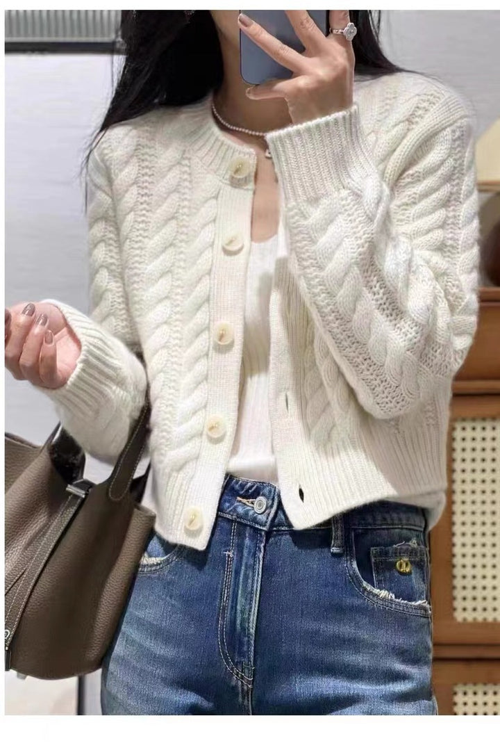 Women Short Braided Knit Cardigan with Wide Rib Hem and Large Buttons Mune Fashion