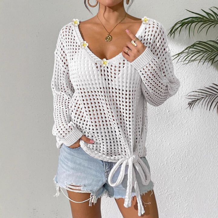 Women airy knit sweater with floral decor Mune Fashion