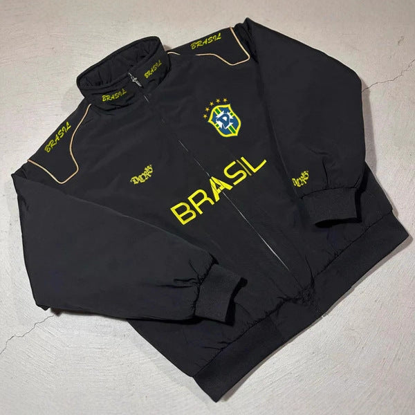Unisex nan sporty retro training jacket with stand collar zipper chest emblem and Brazil lettering Mune Fashion
