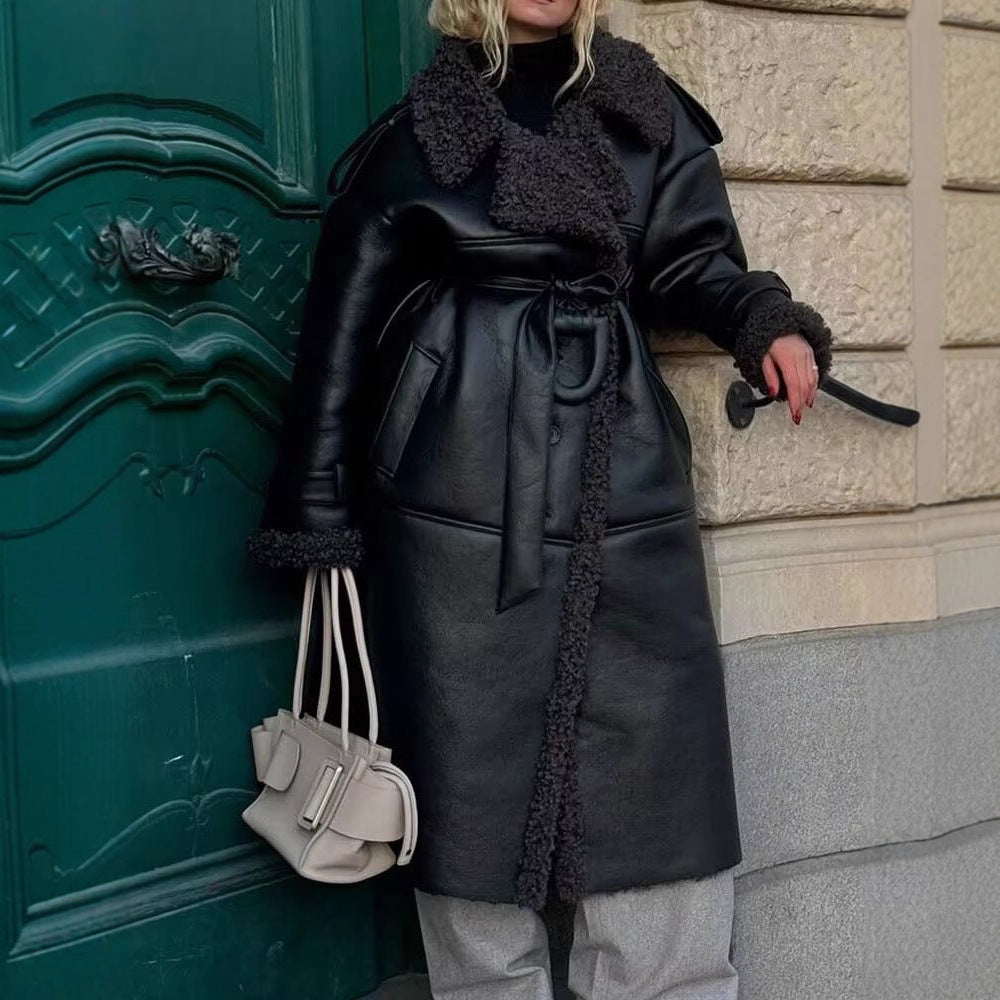 Women's long faux leather coat with teddy lining and belted waist Mune Fashion