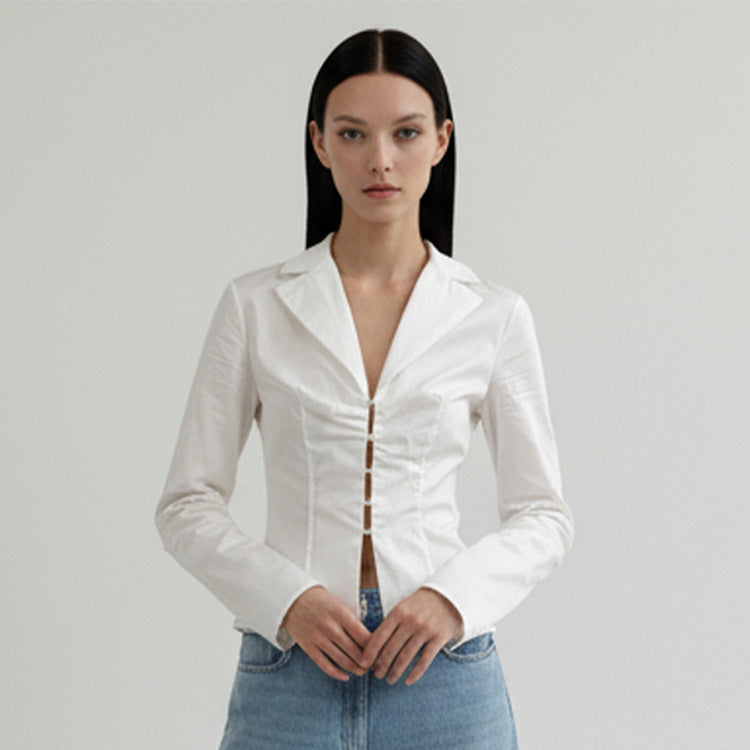 Women's Tailored Poplin Shirt Blouse with Corset Seams & Hook Front Mune Fashion