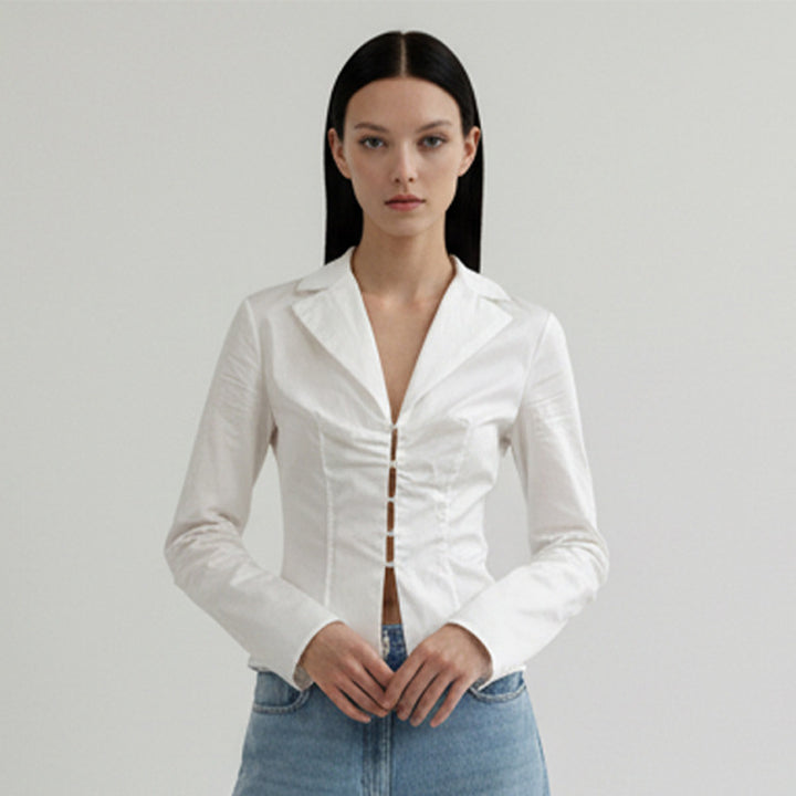 Women's Tailored Poplin Shirt Blouse with Corset Seams & Hook Front Mune Fashion