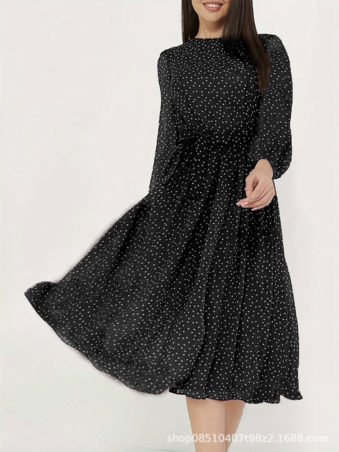 Ladies midi dress with dots, fitted tie belt and flounce skirt Drune