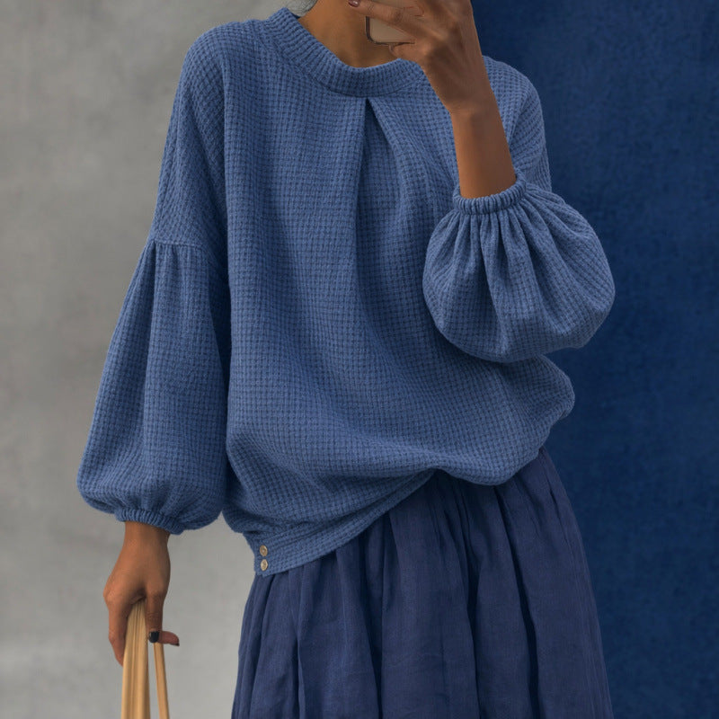 Women Oversize Waffle Knit Sweater with Balloon Sleeves and Pleat Mune Fashion