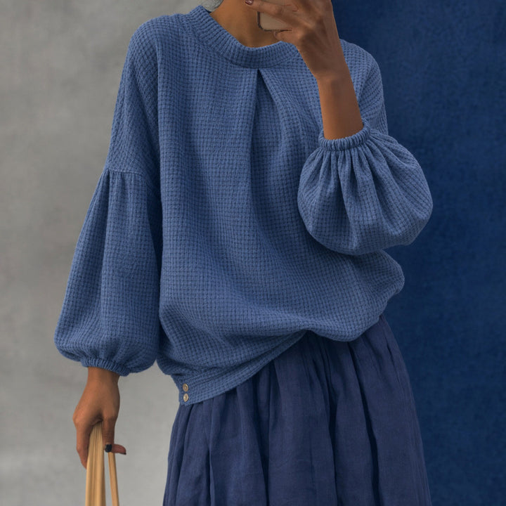 Women Oversize Waffle Knit Sweater with Balloon Sleeves and Pleat Mune Fashion