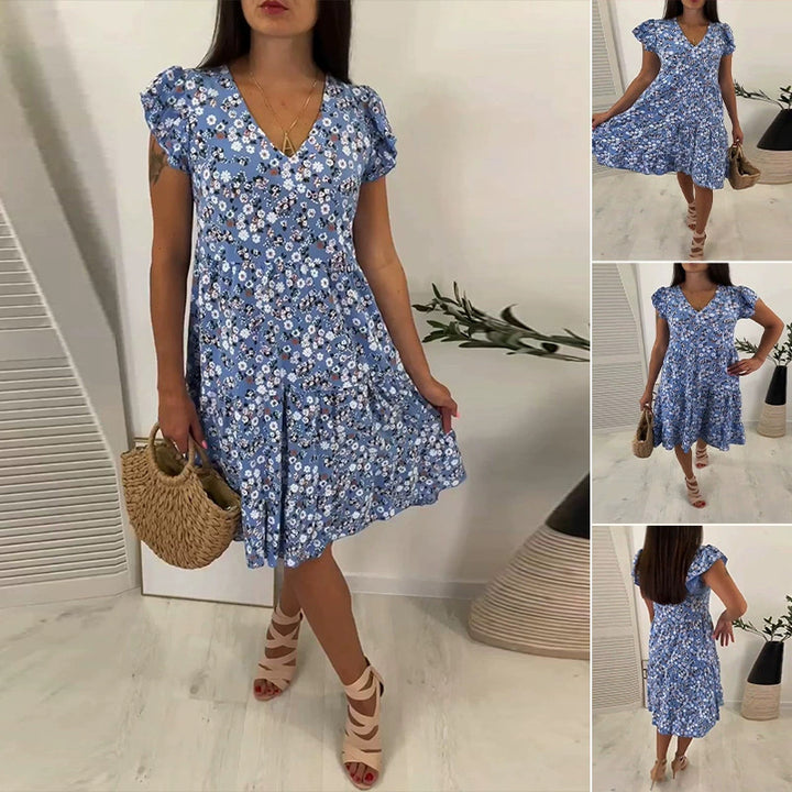 Women’s V-neck dress with gathered waist seam, short flounce sleeves, and tiered skirt Mune Fashion