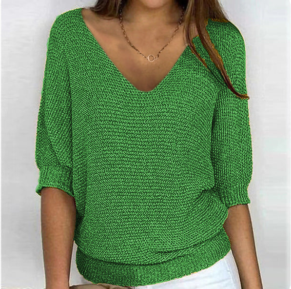 Women's casual knit sweater with V-neck and bat sleeves Mune Fashion