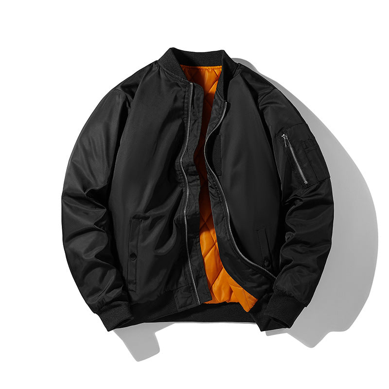 Men's bomber jacket in pilot look with contrasting inner lining, sleeve utility pocket, and elastic rib cuffs.